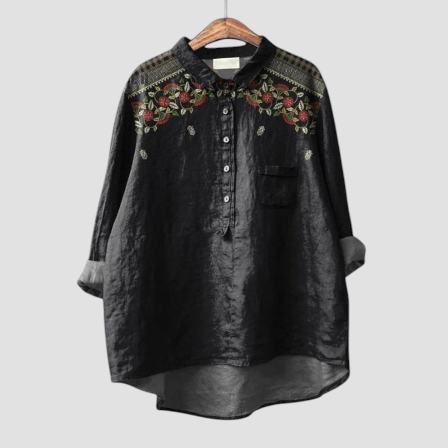 Carina™ | Black Oversized Shirt with Floral Embroidery