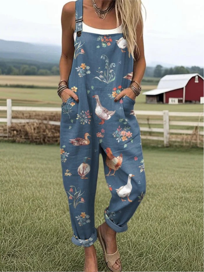 Casual Wide-Leg Jumpsuit with Farm Animal Print