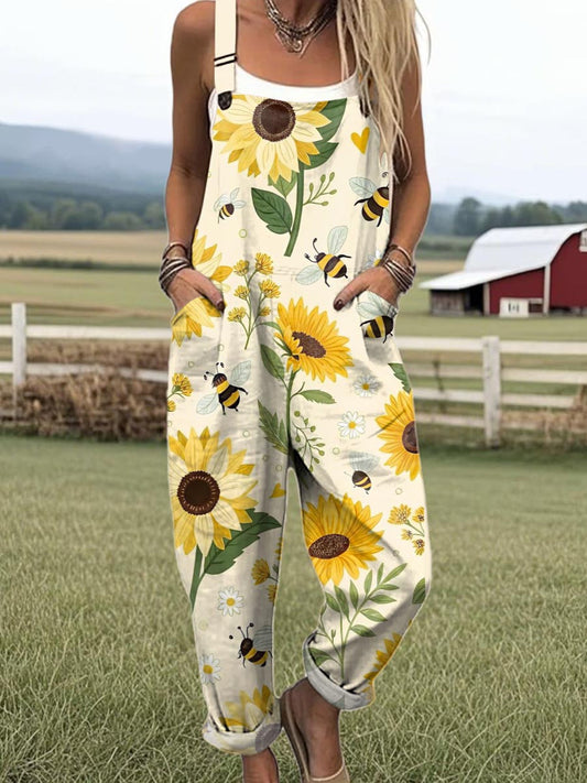 Wide Leg Jumpsuit with Charming Sunflower and Bee Print