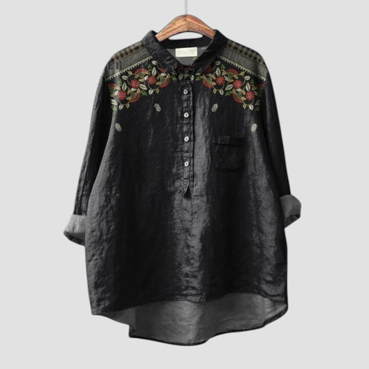 Carina™ | Black Oversized Shirt with Floral Embroidery