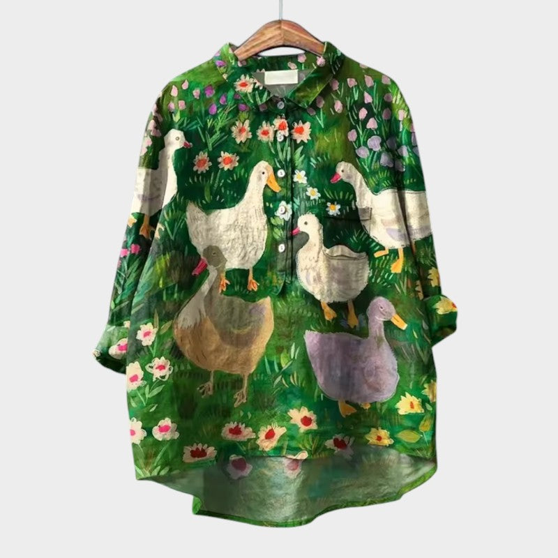 LUCIANA™ | Oversized Blouse with Stylized Cats and Comfort