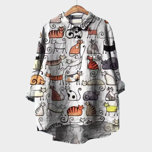 LUCIANA™ | Oversized Blouse with Stylized Cats and Comfort