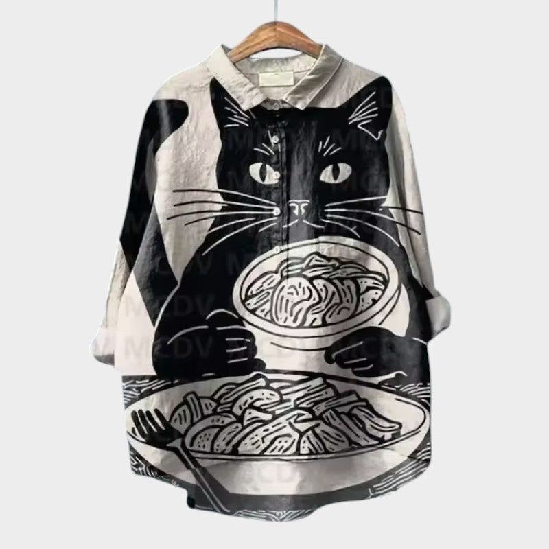 VIVIANA™ | Oversized Blouse with Cat Print