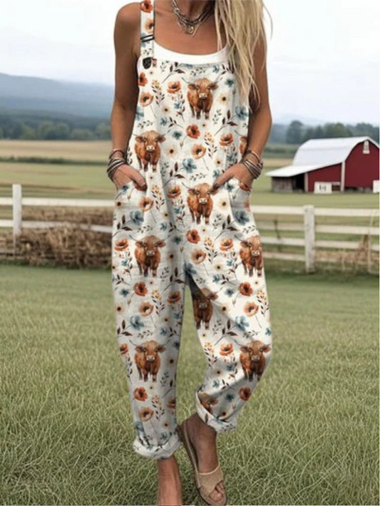 Wide Leg Jumpsuit for Women with Highland Cow Print