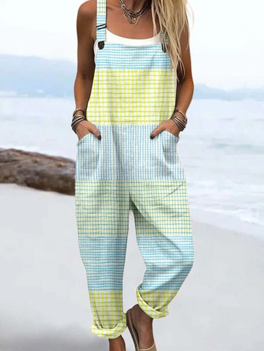 Casual Wide Leg Jumpsuit with Vintage Abstract Geometric Print