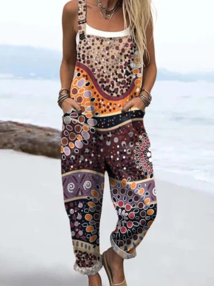 Retro Geometric Print Casual Wide-Leg Jumpsuit